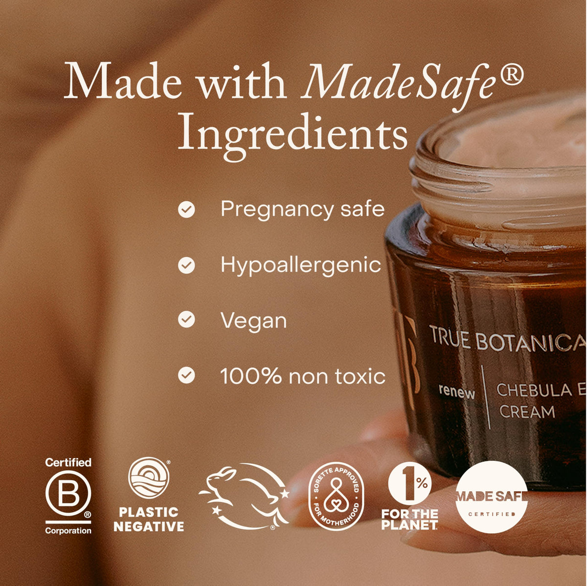 True Botanicals label close-up displaying product claims and ingredients