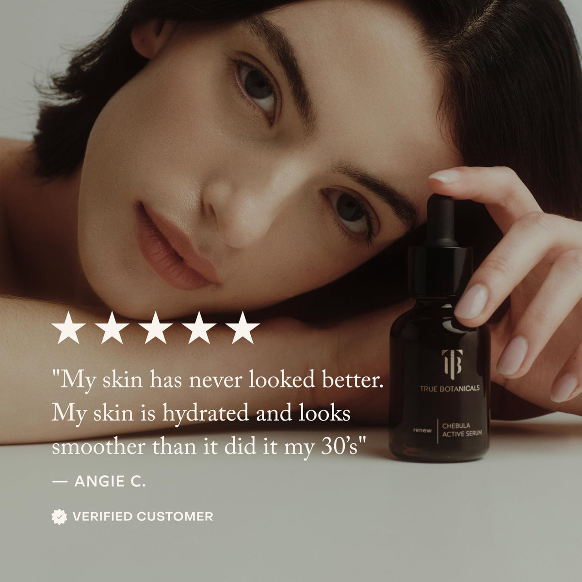 True Botanicals applying serum to cheek illustrating even coverage and smoothing effect