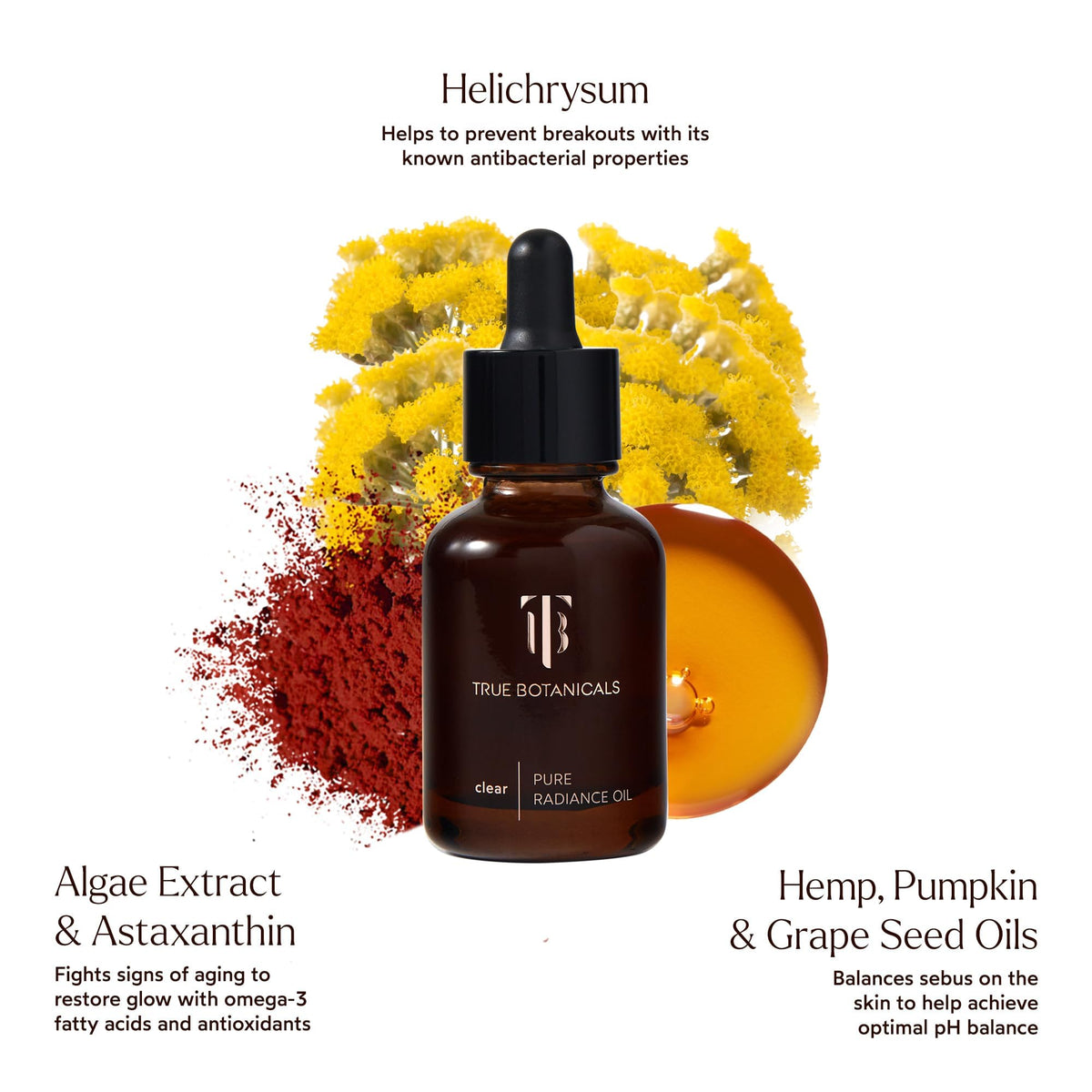 True Botanicals bottle beside measuring dropper showing correct dosage benefit