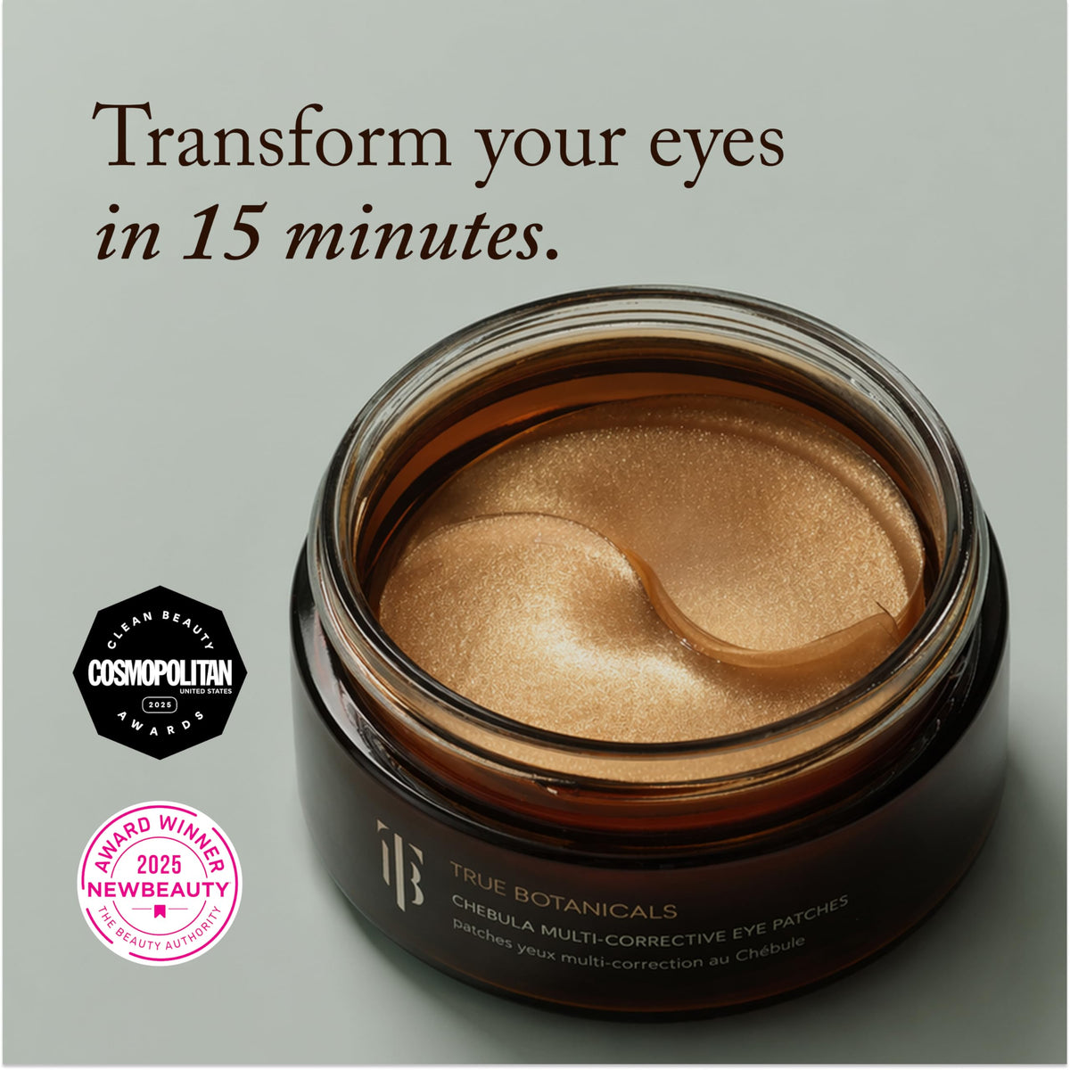 True Botanicals patch applied under eye on model, visibly de-puffing effect