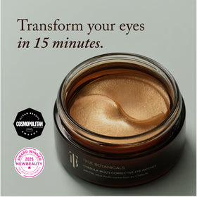True Botanicals patch applied under eye on model, visibly de-puffing effect