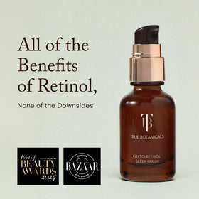 True Botanicals dispensing pump showing serum texture and fast-absorbing finish