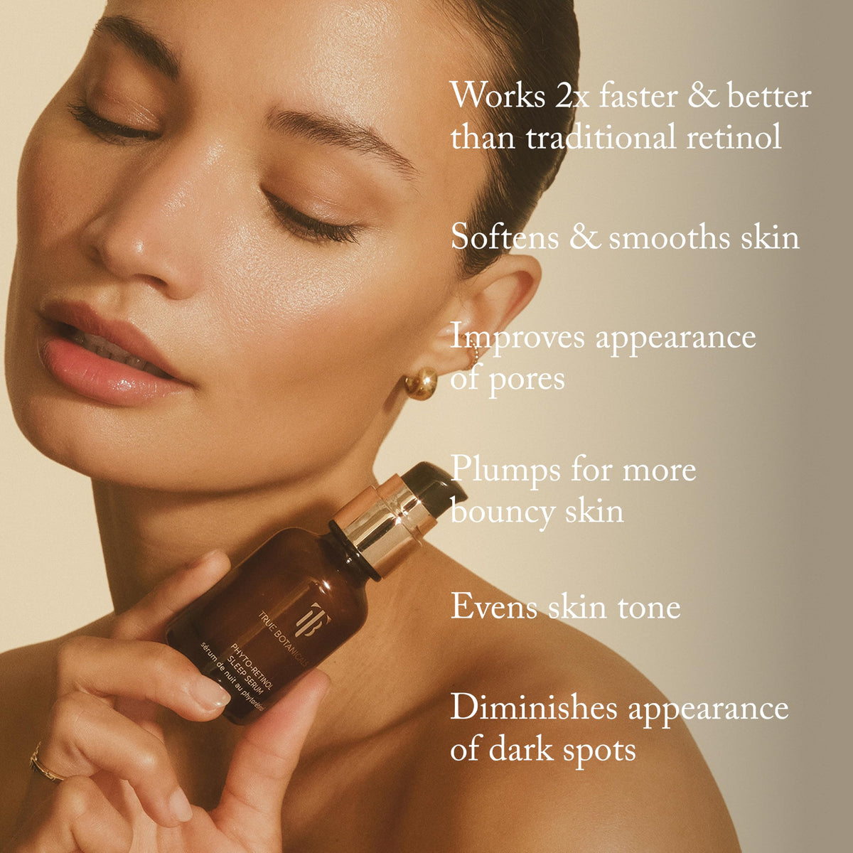 True Botanicals serum on fingertip showing lightweight spreadable texture benefit