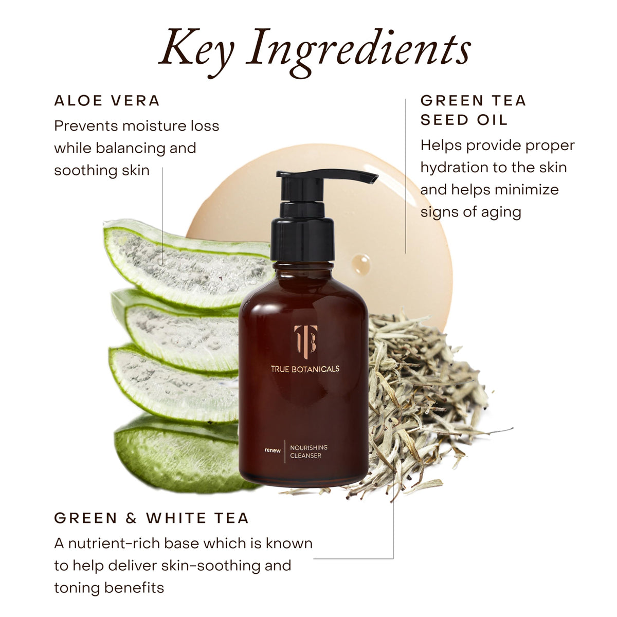 True Botanicals cleanser dispensed in palm demonstrating gentle application benefit