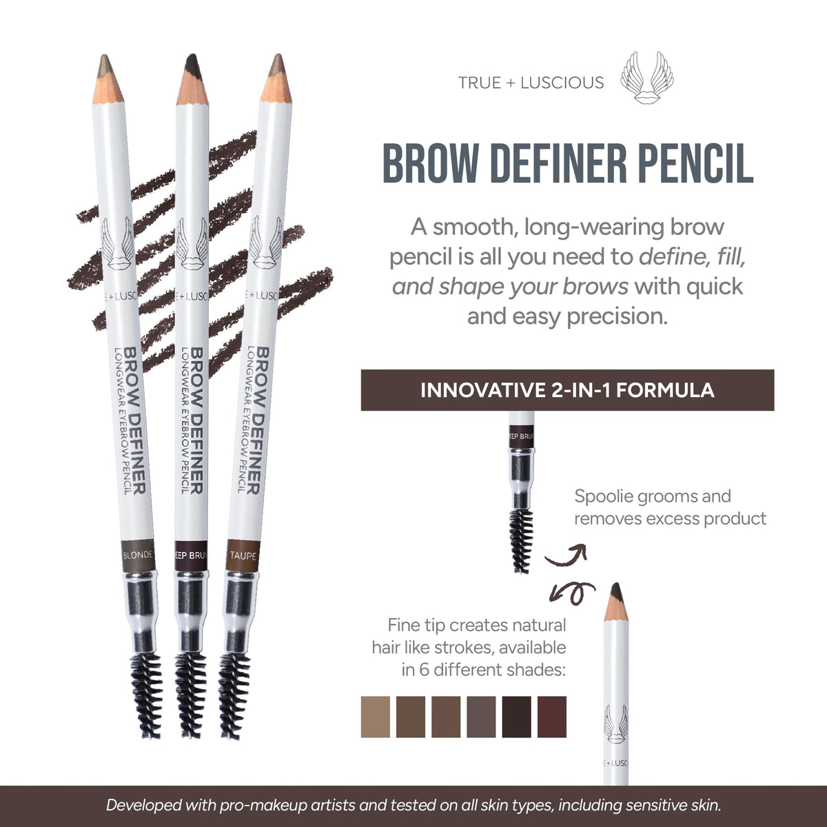 True + Luscious dual-ended brow pencil detail showing tip and spoolie benefit