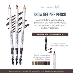 True + Luscious dual-ended brow pencil detail showing tip and spoolie benefit