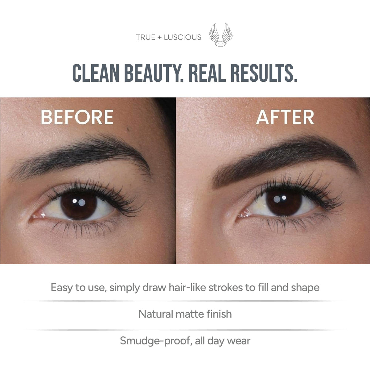 True + Luscious applied on model brows in natural lighting for realistic look