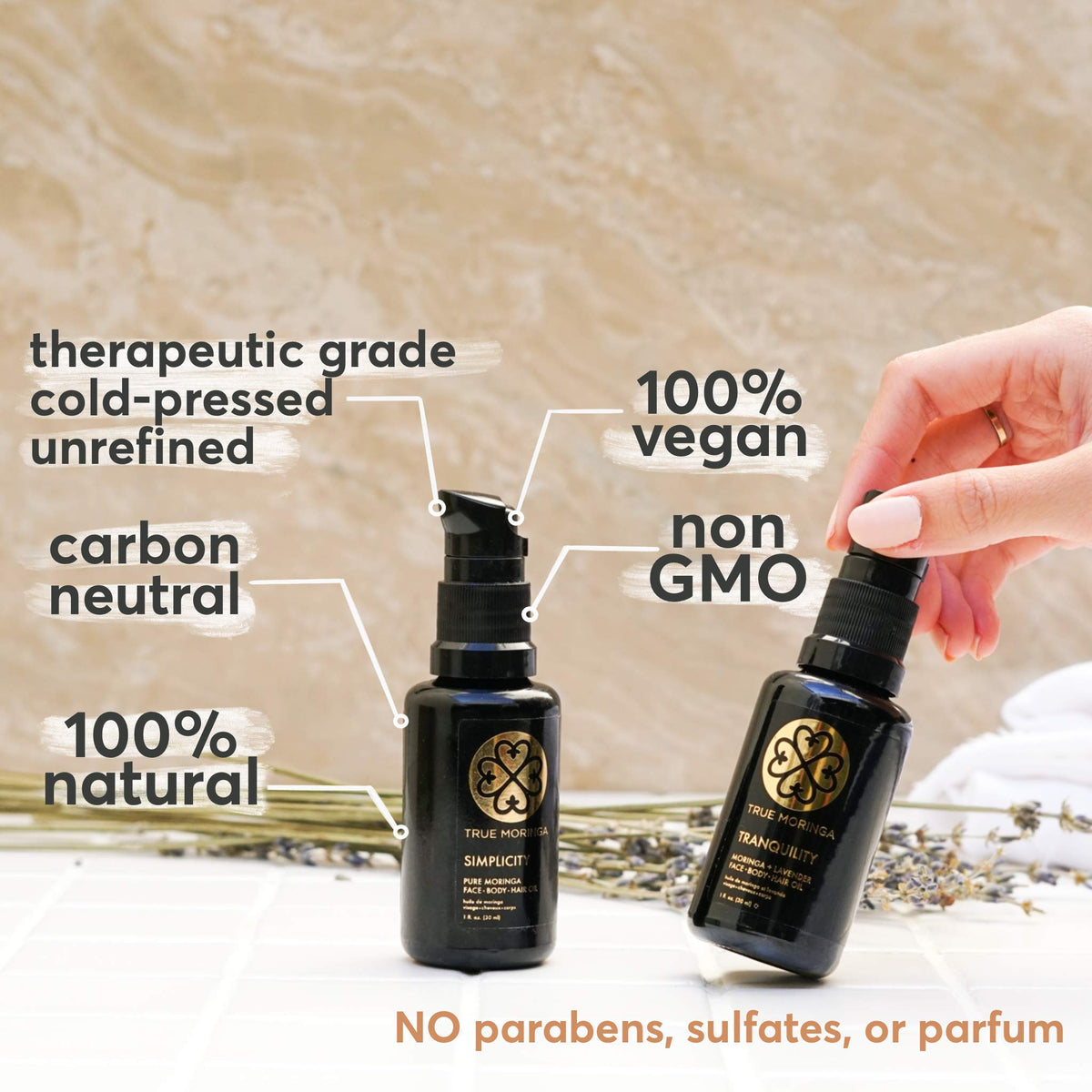 True Moringa UV glass bottle detail protecting oil freshness