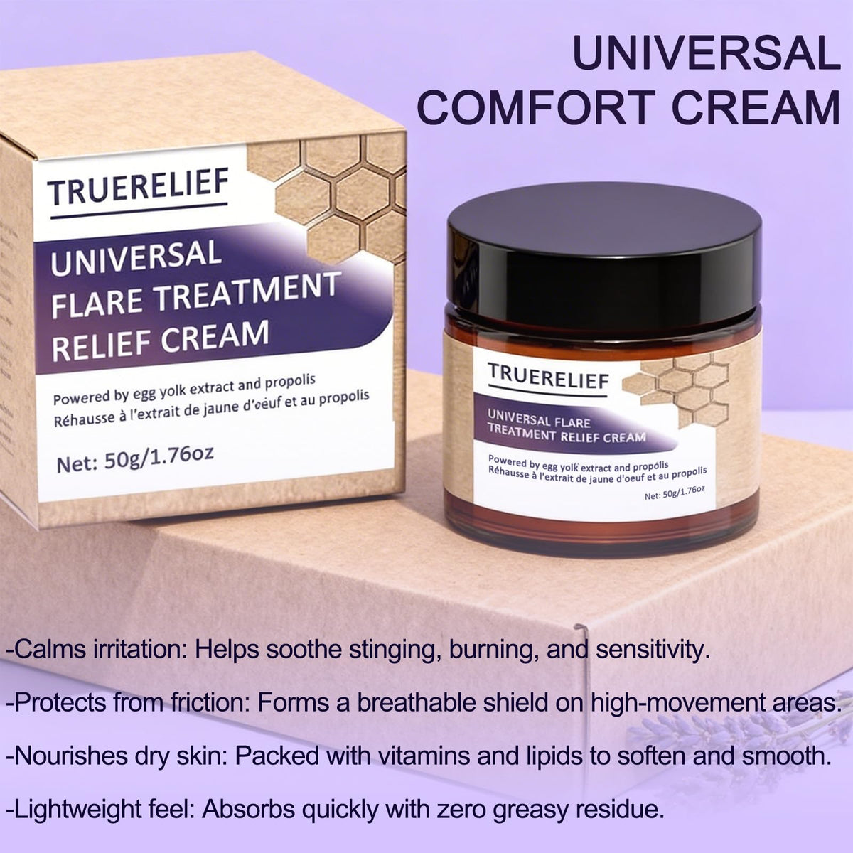 TRUERELIEF propolis and egg yolk extracts illustrating nourishing skin support