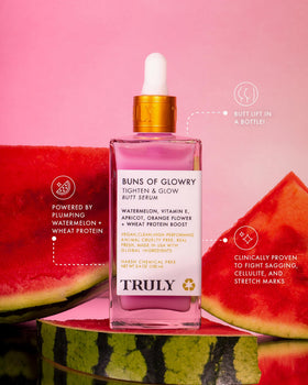 Truly botanical ingredients flatlay with watermelon and apricot benefits