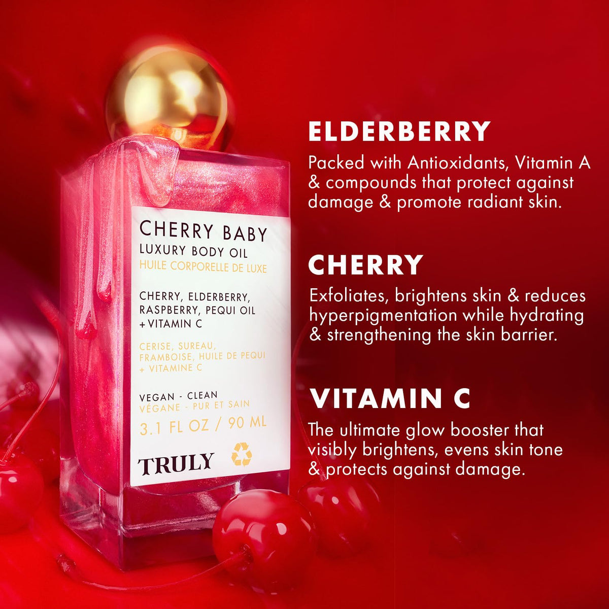 Truly Cherry Baby pump and cap detail highlighting easy-use dispensing benefit