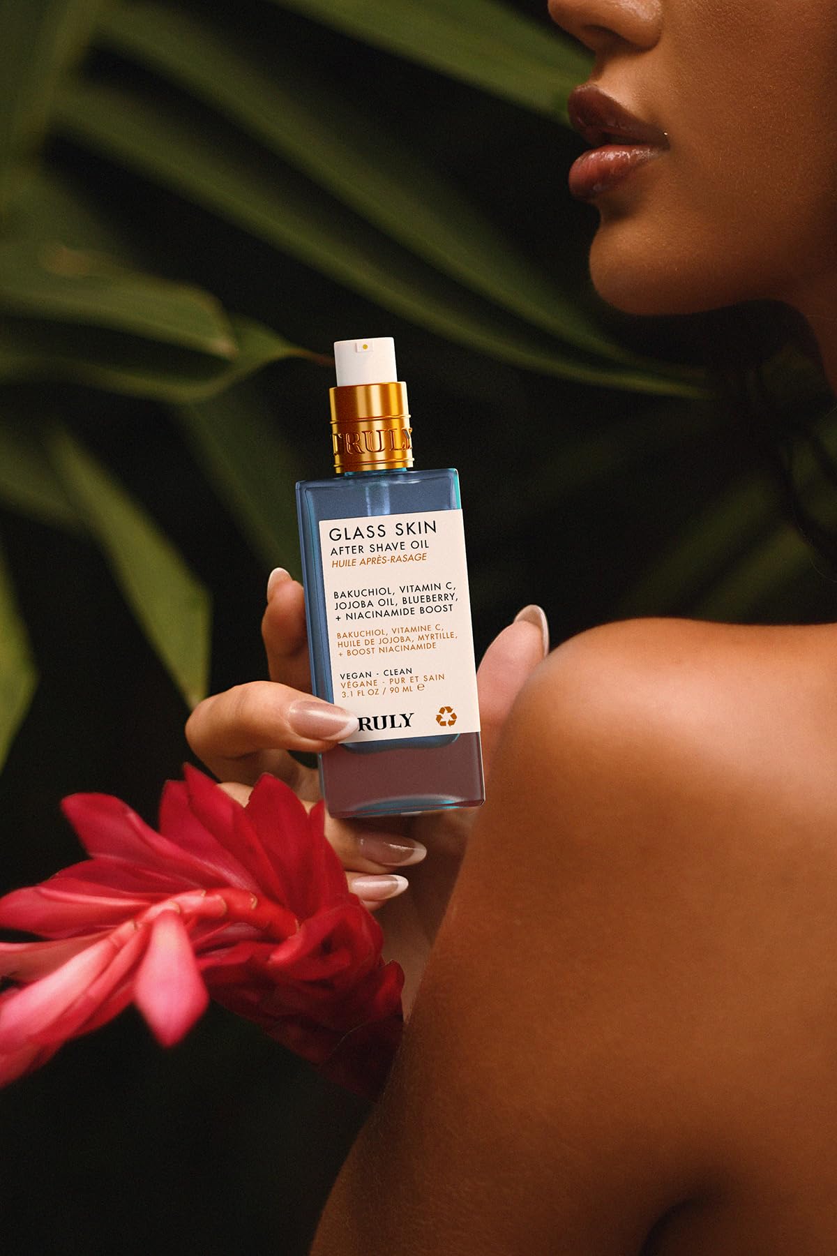 Truly bottle on a bathroom shelf conveying everyday skincare use