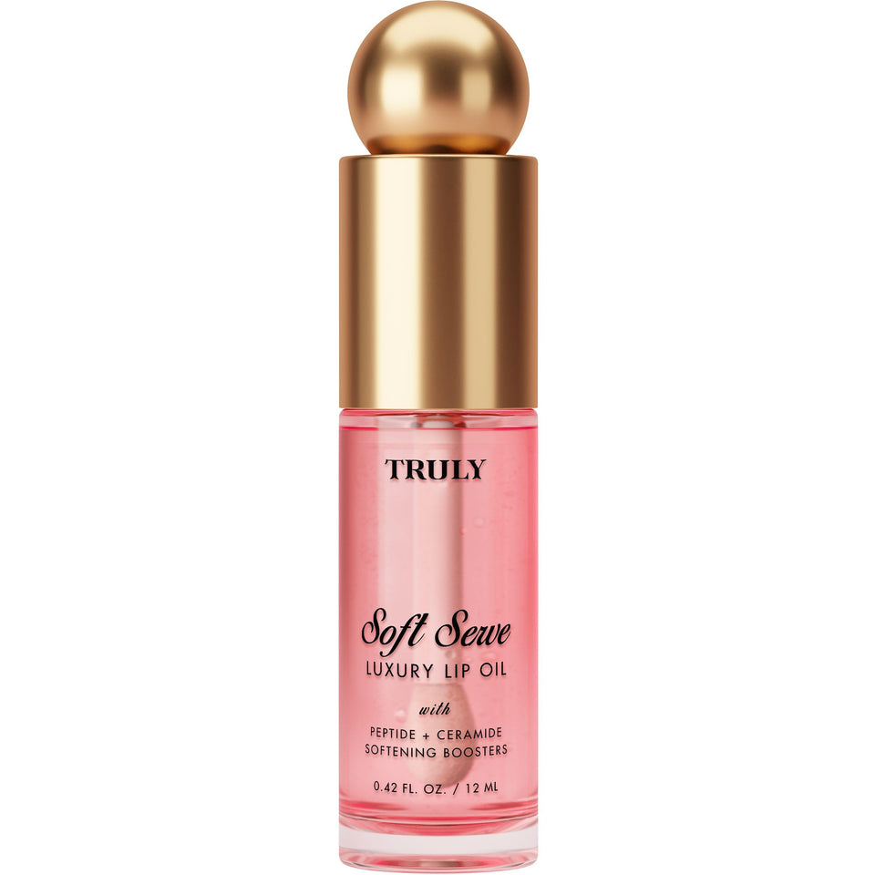 Truly Soft Serve front packaging showing tinted lip oil and glossy finish benefit