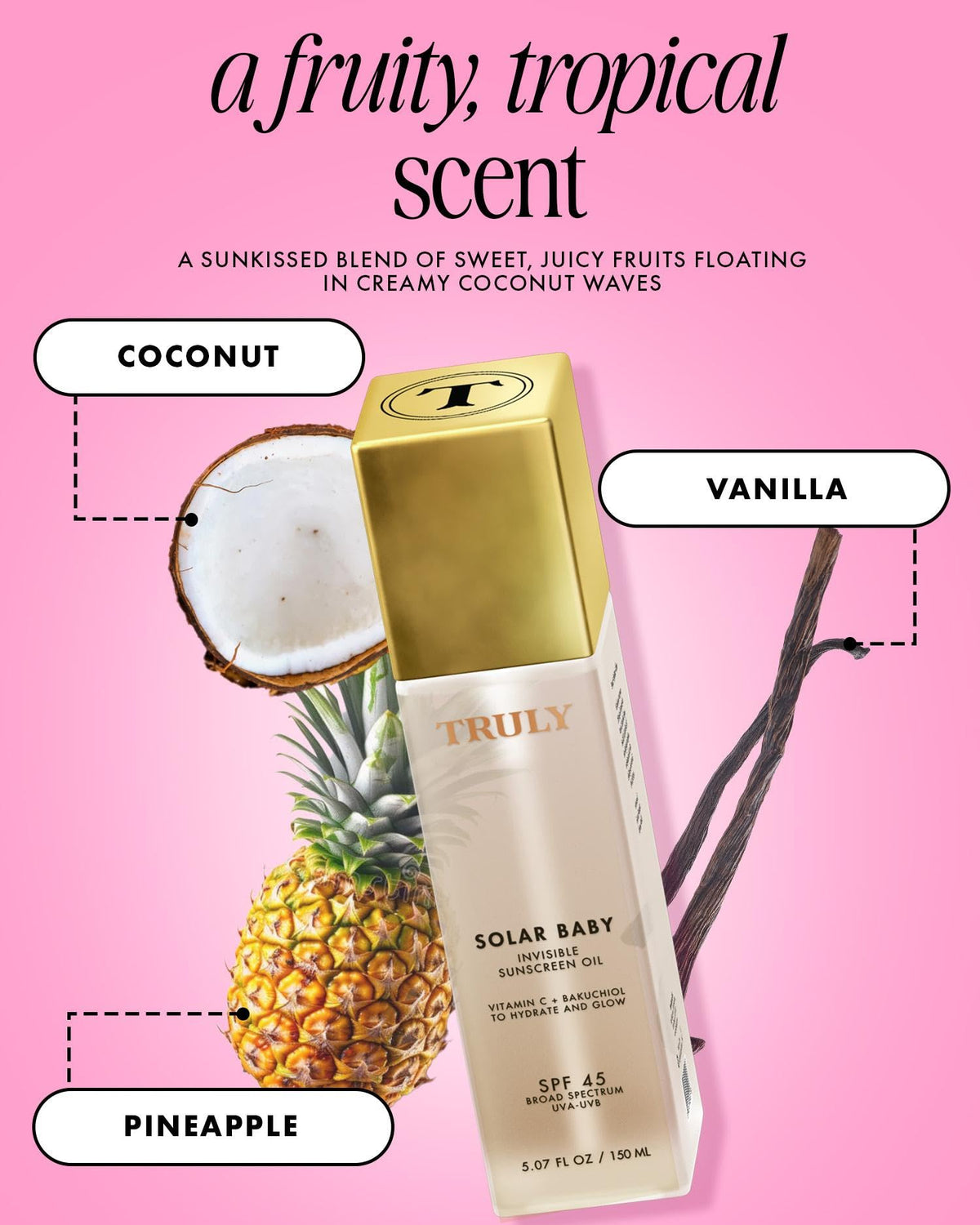 Truly Solar Baby ingredient close-up with vitamin C and bakuchiol highlighting brightening benefits