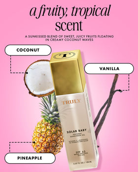 Truly Solar Baby ingredient close-up with vitamin C and bakuchiol highlighting brightening benefits