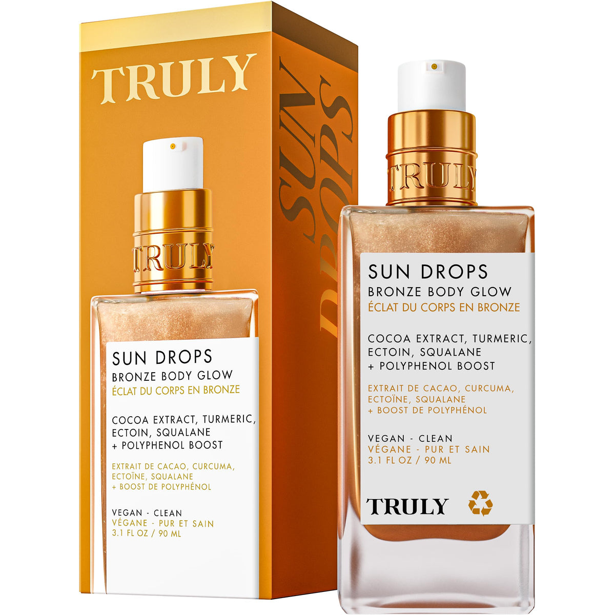 Truly bottle front packaging shows bronzing oil and benefits