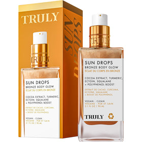 Truly bottle front packaging shows bronzing oil and benefits