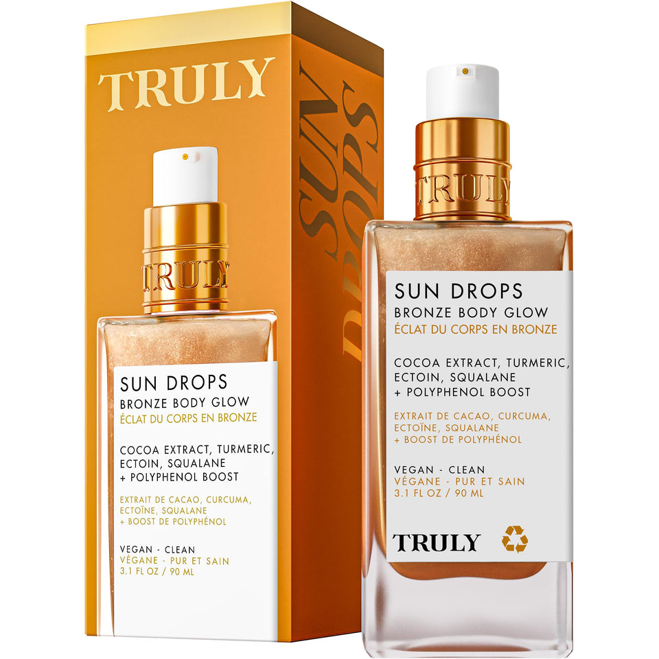 Truly bottle front packaging shows bronzing oil and benefits