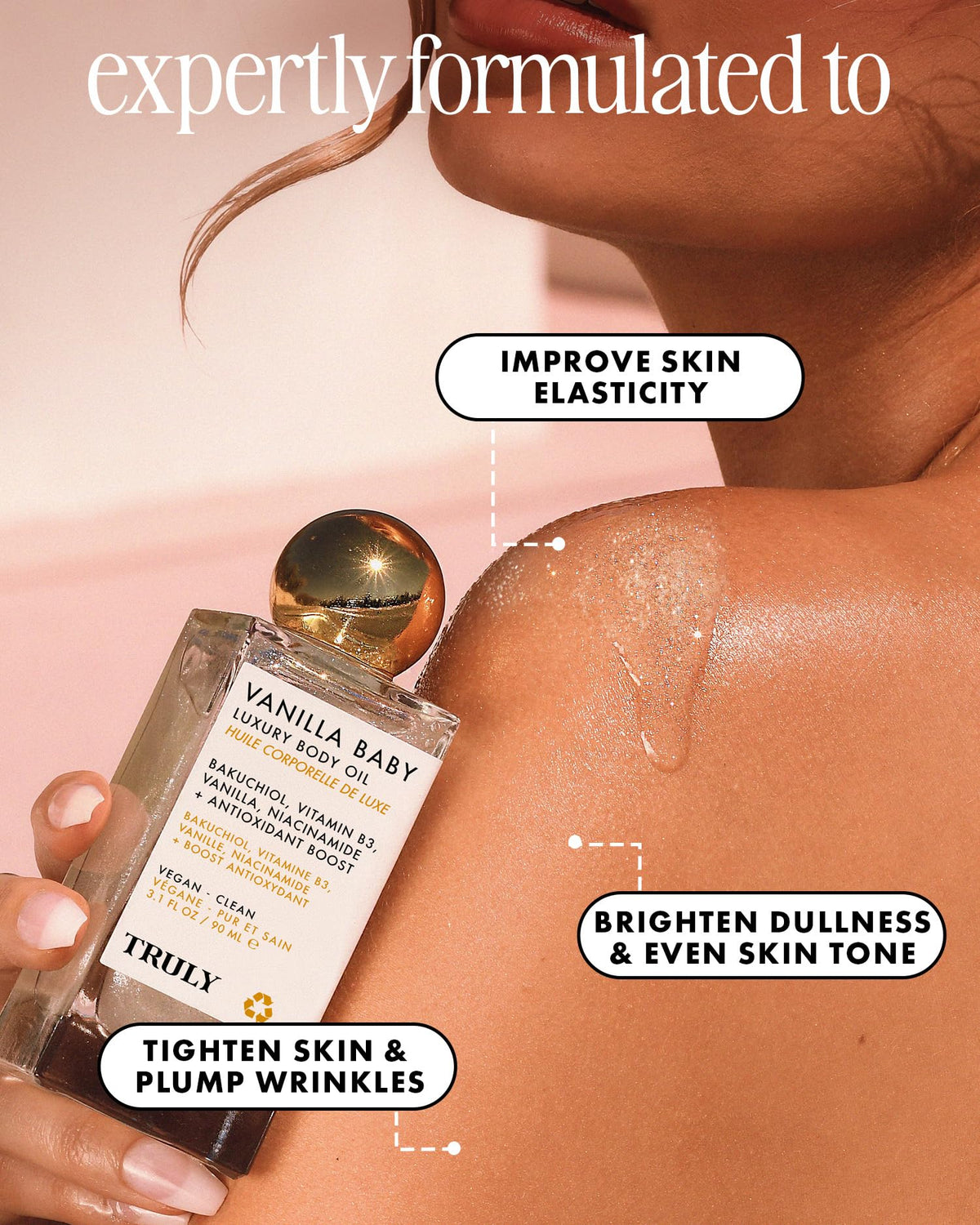 Truly applying oil to arm demonstrating plumping and smooth finish