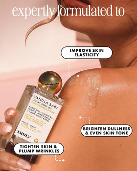 Truly applying oil to arm demonstrating plumping and smooth finish