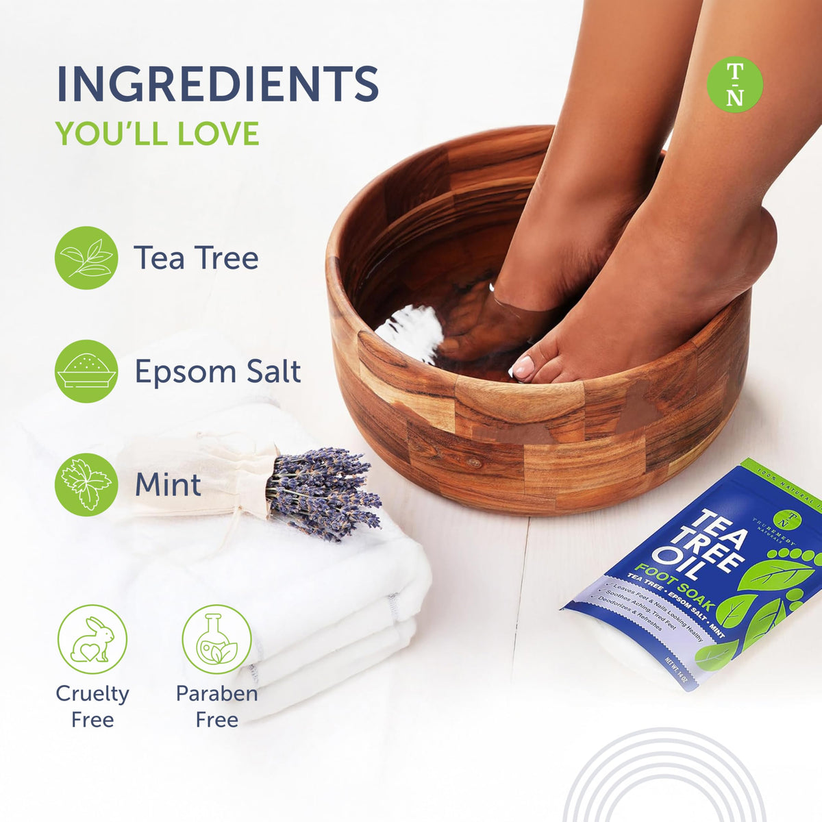 Truremedy Naturals foot soak in use with feet in basin to refresh tired skin