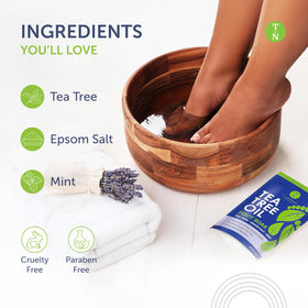 Truremedy Naturals foot soak in use with feet in basin to refresh tired skin