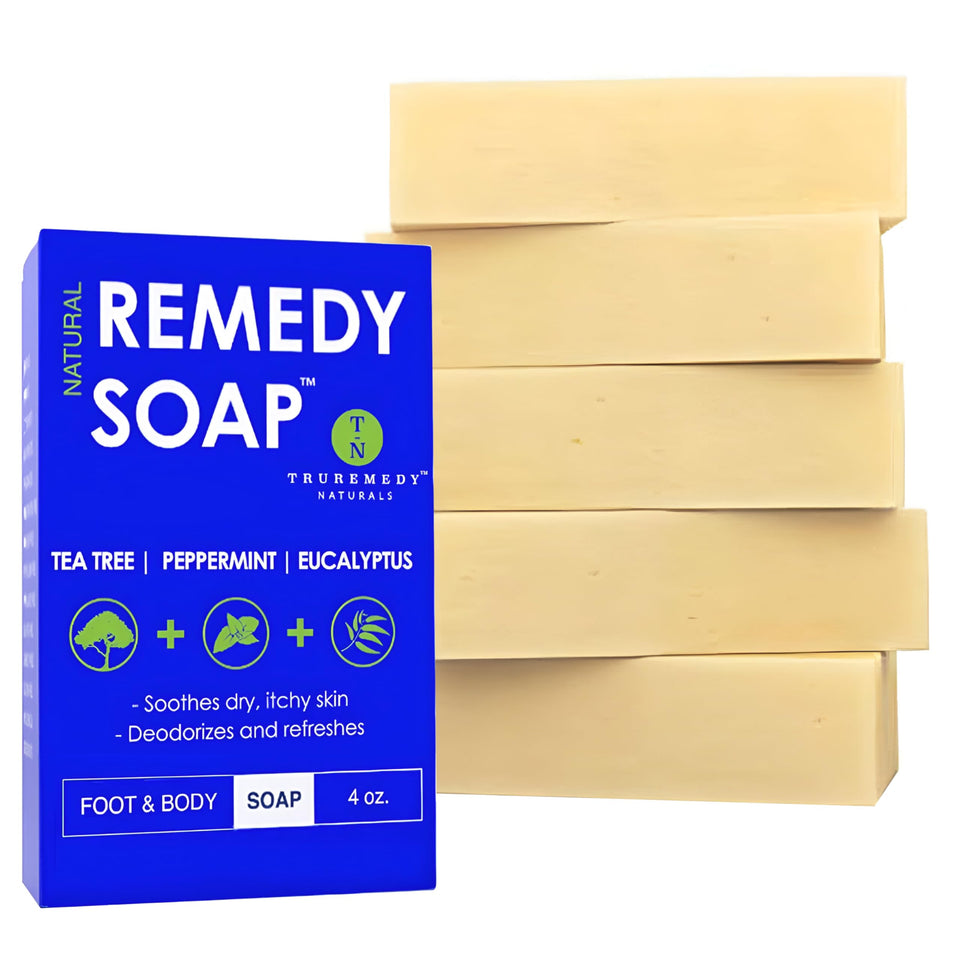 Truremedy Naturals front packaging showing five soap bars and benefits