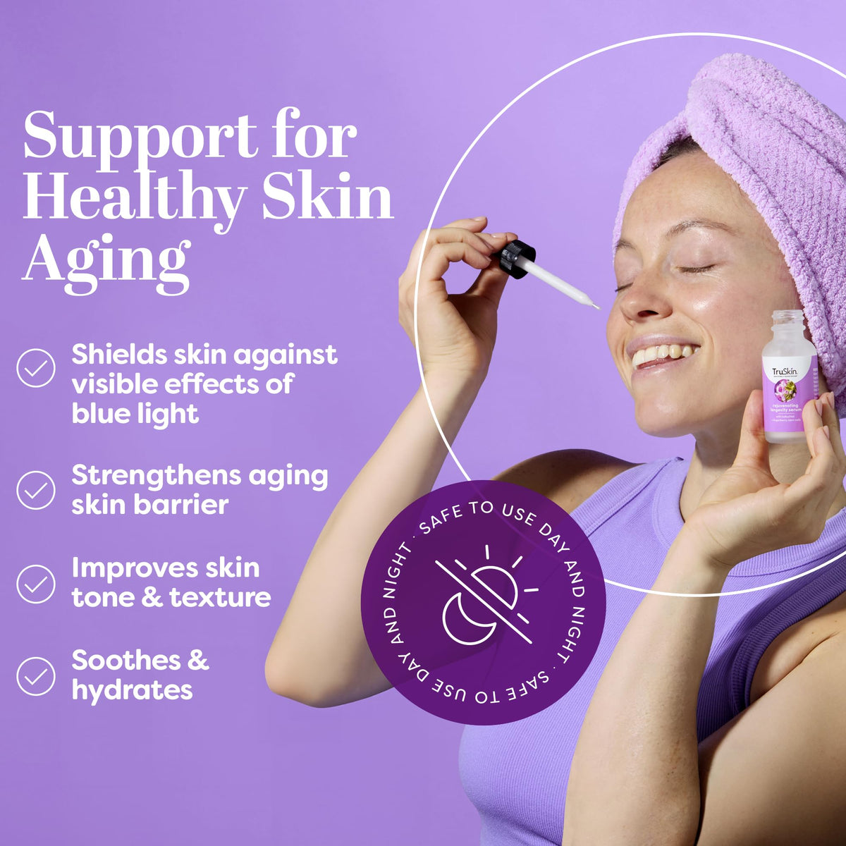 TruSkin droplet dispenser releasing serum for precise application and minimal waste