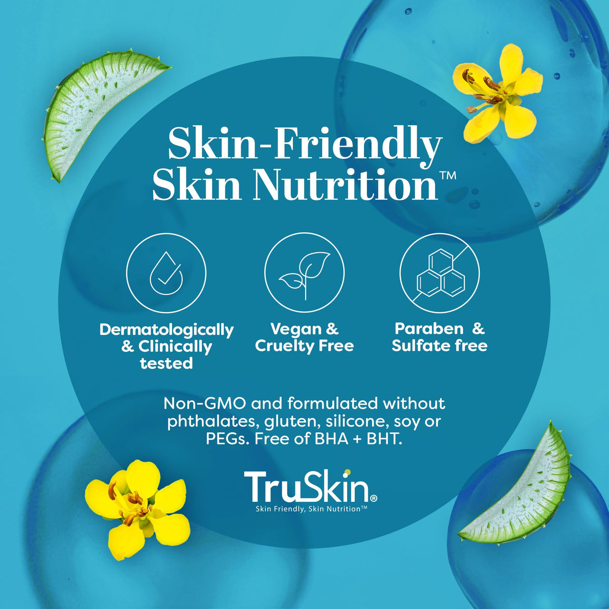 TruSkin bottle beside aloe and green tea ingredients showing soothing benefits