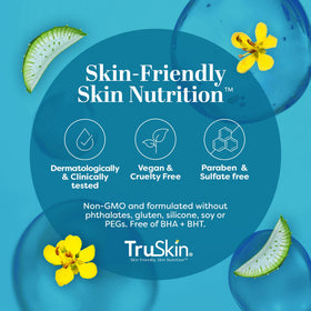 TruSkin bottle beside aloe and green tea ingredients showing soothing benefits