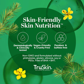 TruSkin bottle staged with botanicals conveying natural ingredient support