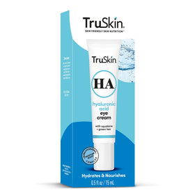 TruSkin applying cream around eye depicting gentle patting technique for delicate skin