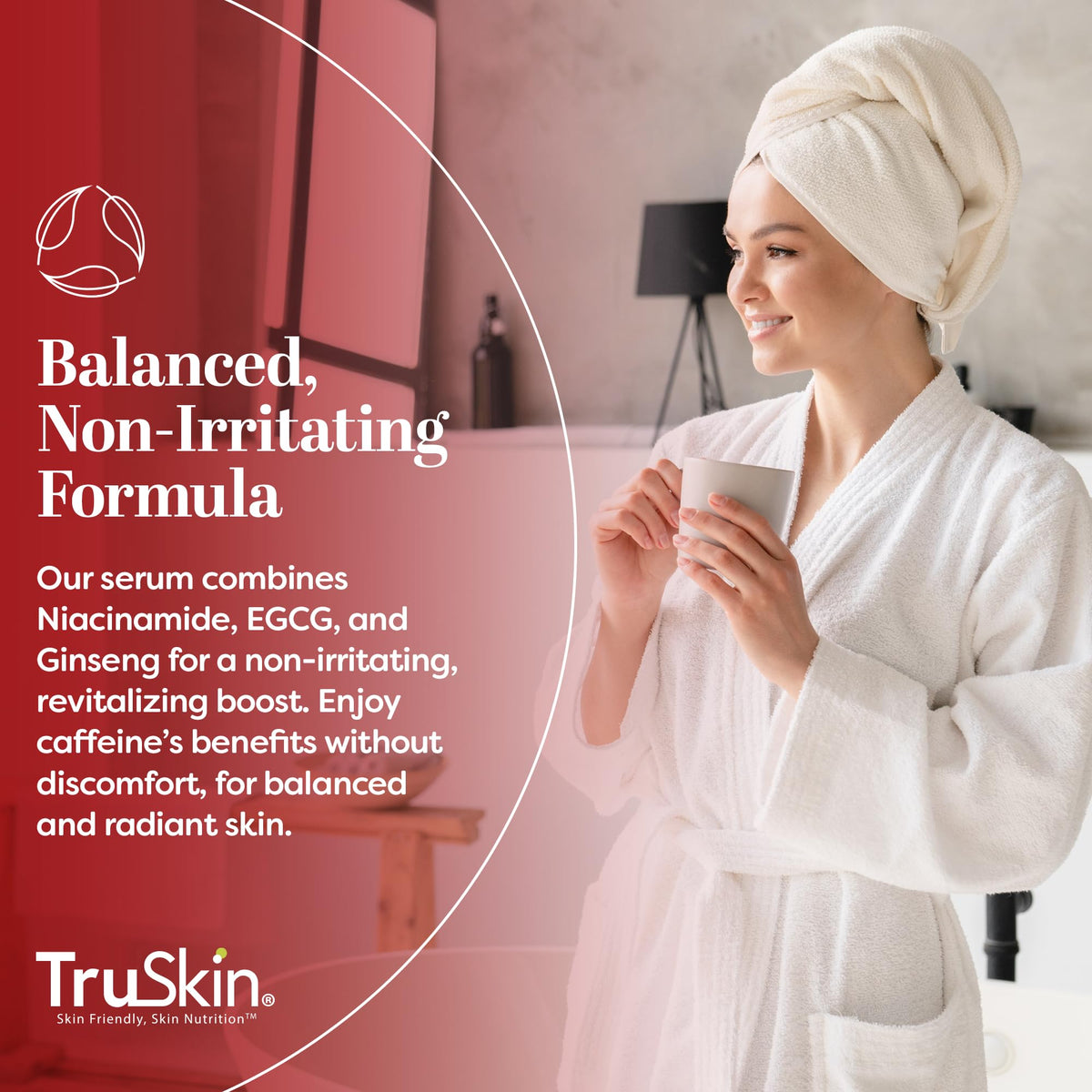TruSkin ingredient label with matcha and EGCG callouts, emphasizes antioxidant support