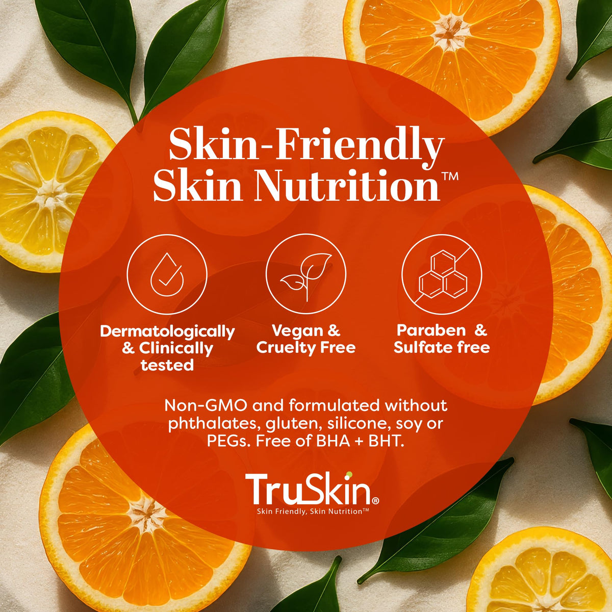 TruSkin label closeup showing clean formula and free-from claims