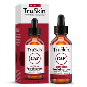 TruSkin bottle by bathroom mirror in morning routine, suggests daily energizing benefit