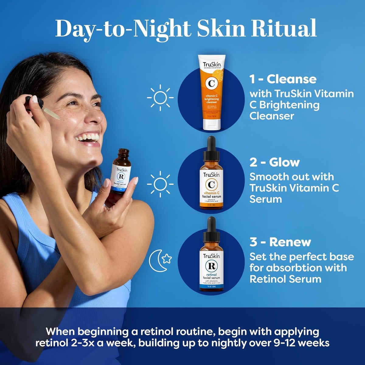 TruSkin bottle on a bathroom shelf as part of nighttime routine for improved texture