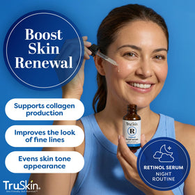 TruSkin retinol bottle held in hand showing size and travel-friendly benefit