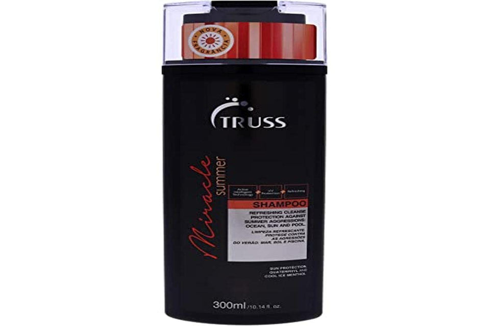 TRUSS front bottle shot showing label and travel-friendly size, protects hair