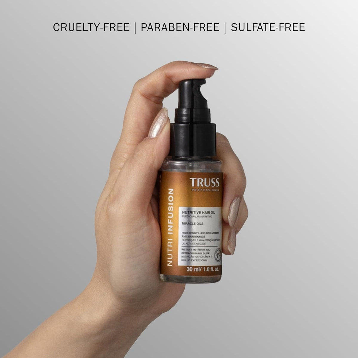 TRUSS ingredient label close-up highlighting nourishing oils and styling benefits