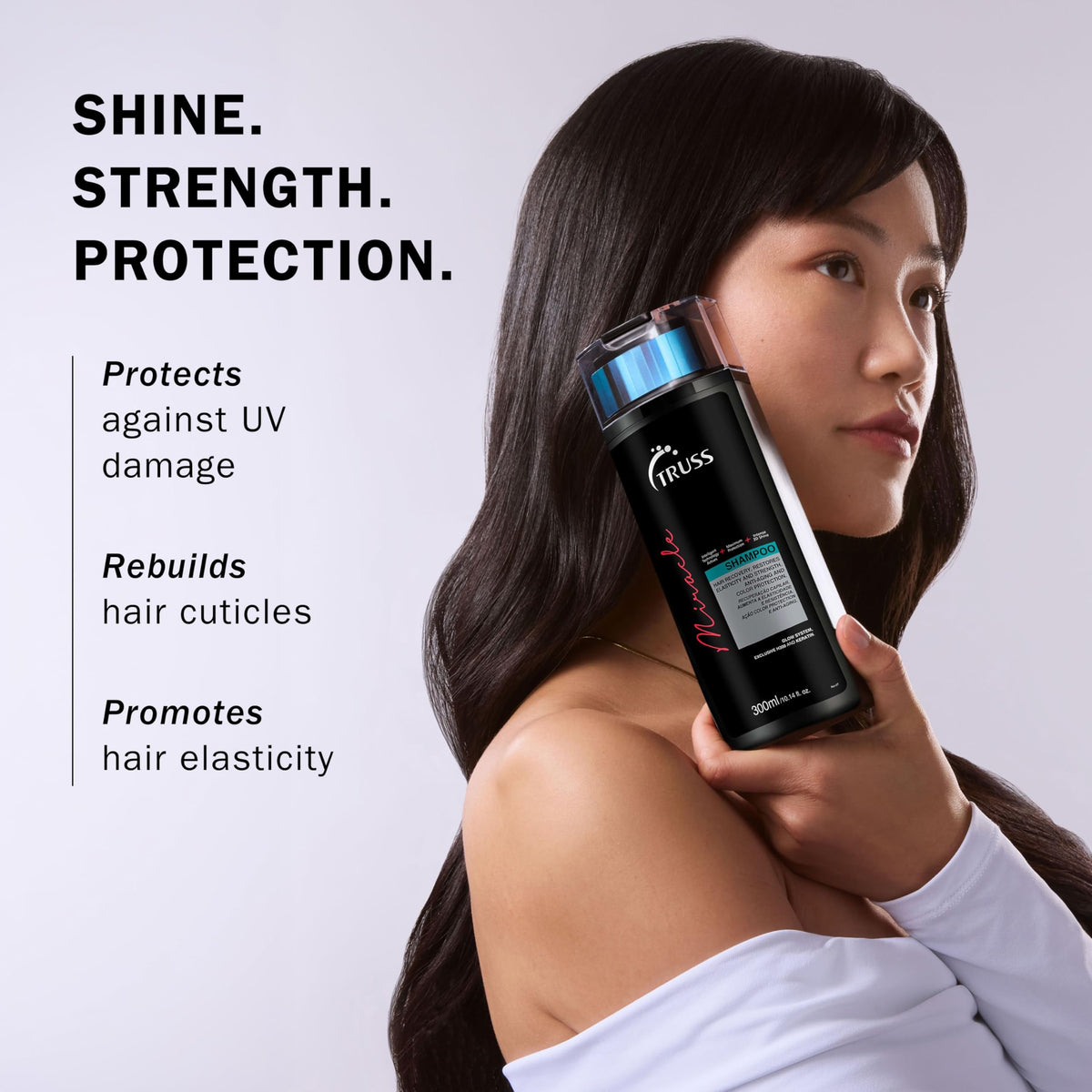 TRUSS label close-up highlighting active keratin and vitamin E benefits for hair strength