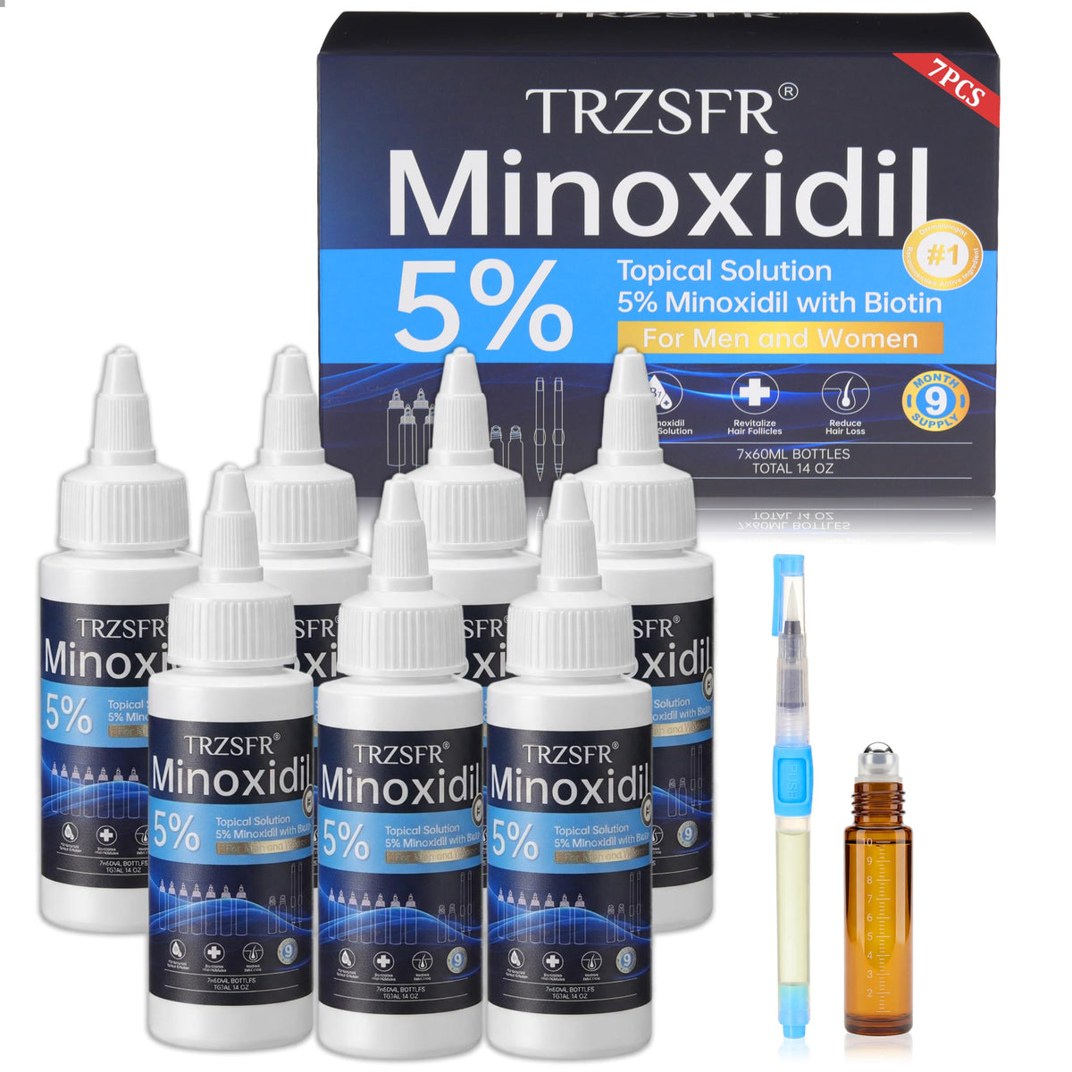Trzsfr front packaging showing seven bottles and applicators for a long-lasting supply