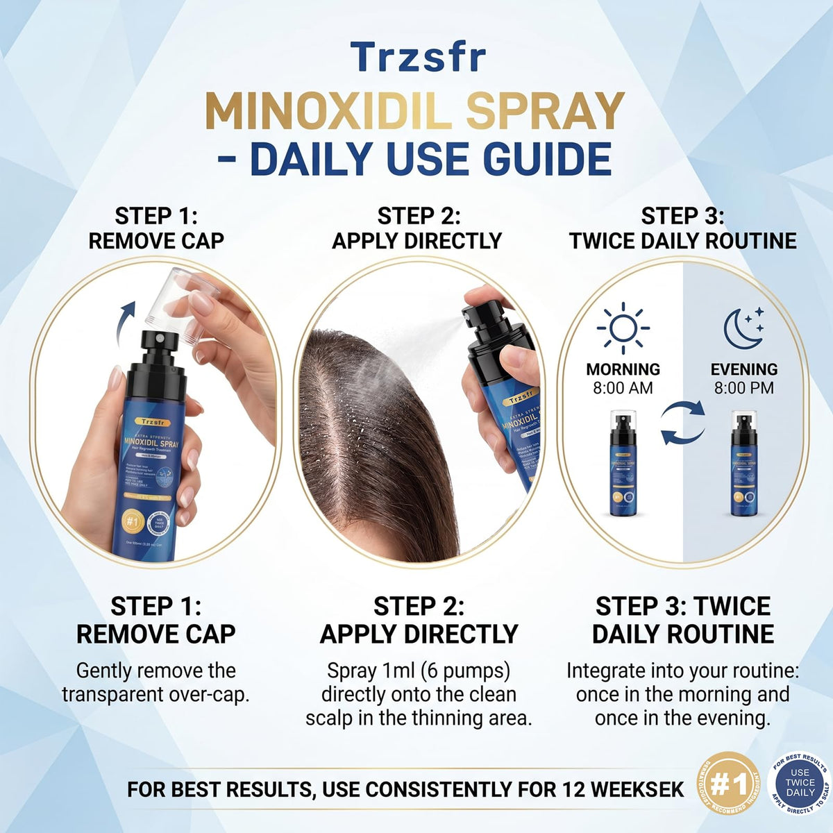 Trzsfr spray in use on scalp illustrating quick, even coverage benefit