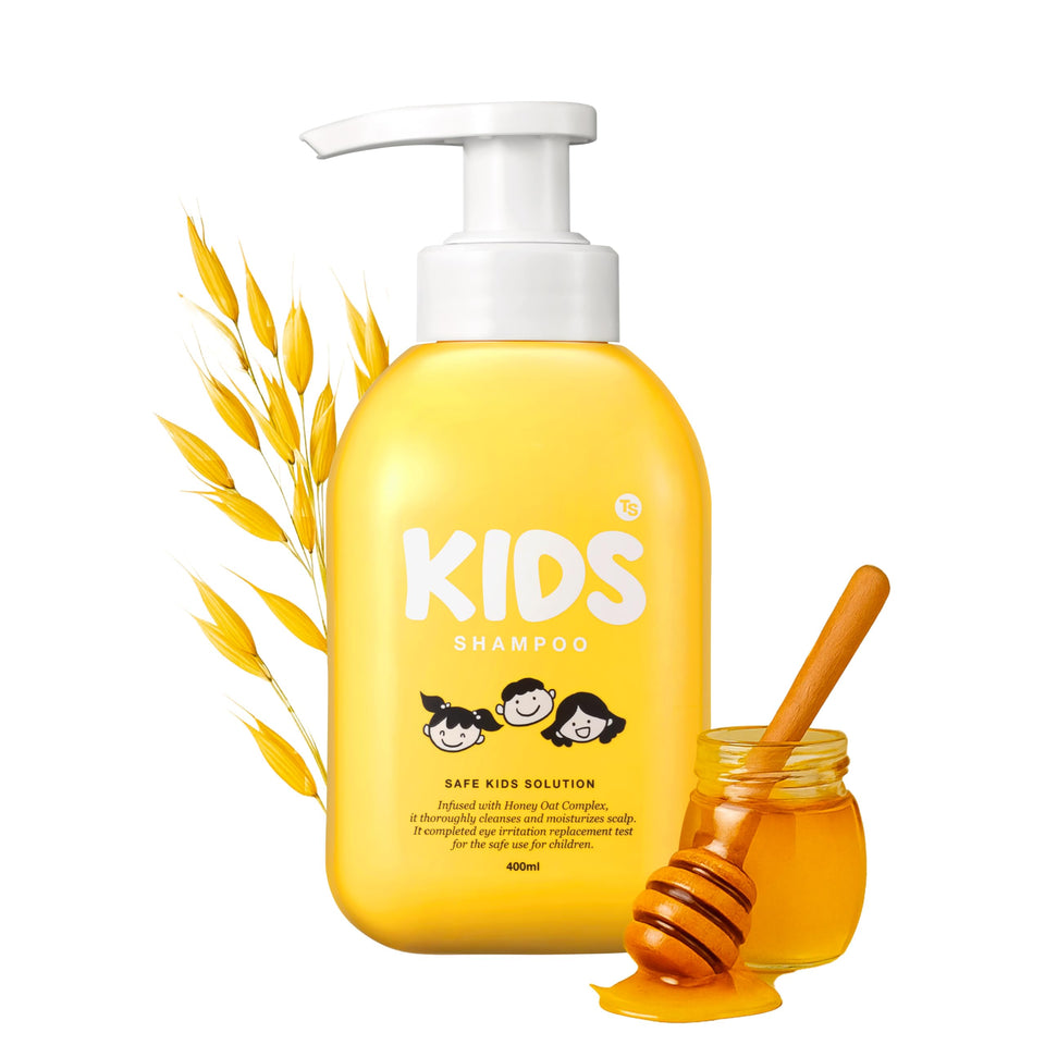 TS SHAMPOO front packaging showing bottle and child-friendly design benefits