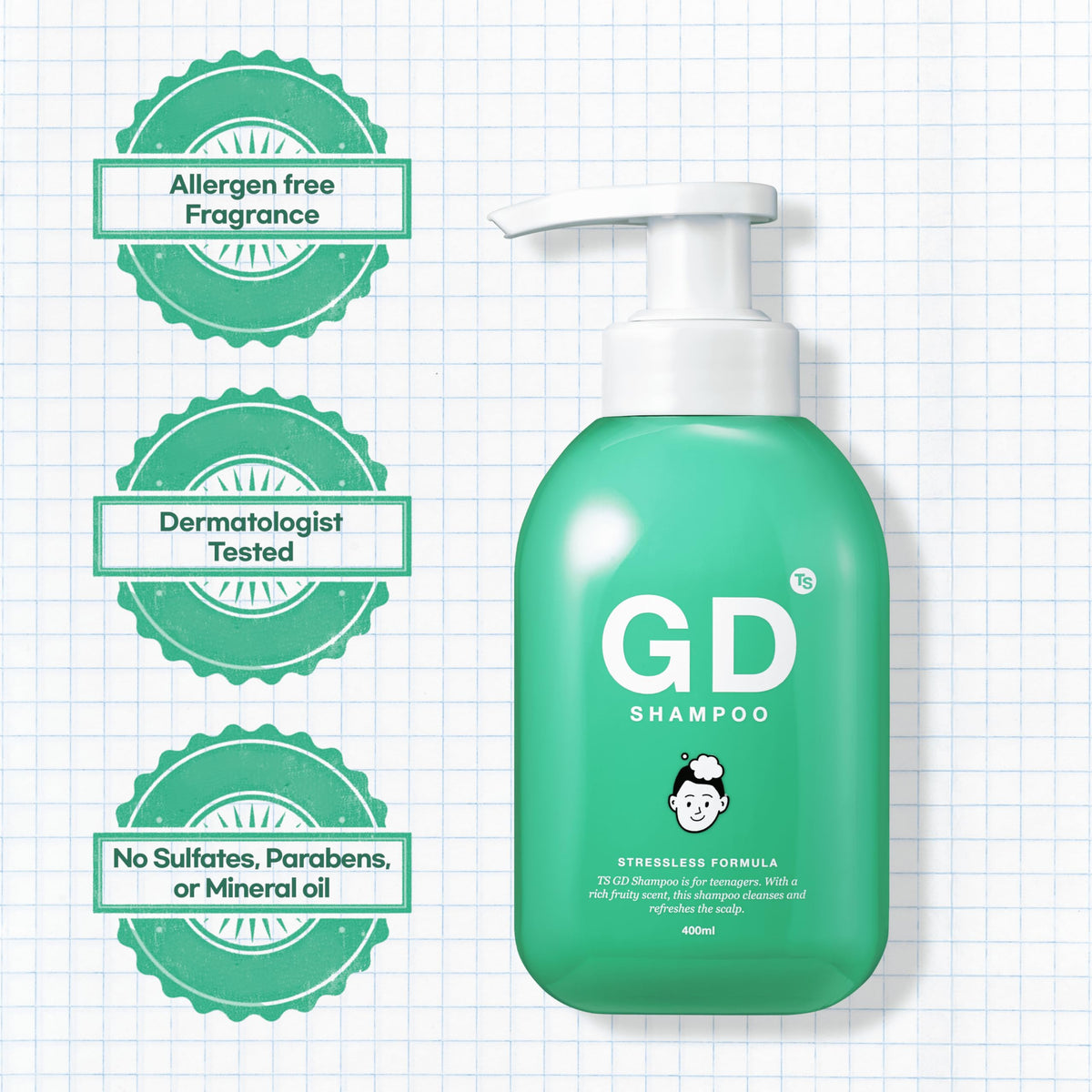 TS SHAMPOO ingredients label close-up highlighting sulfate-free formula