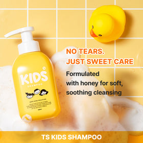TS SHAMPOO pump top and label highlighting easy-dispense safety for parents