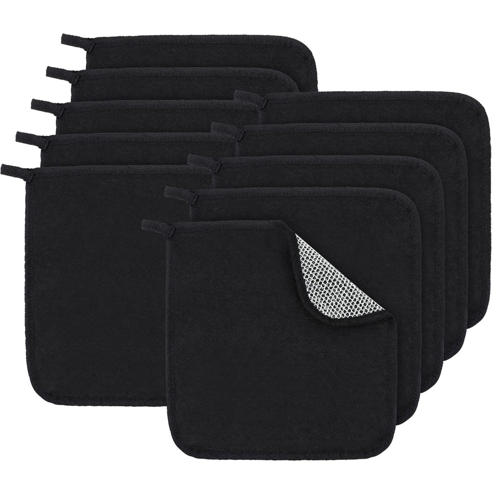 Tudomro front view of 10 black washcloths showing pack convenience