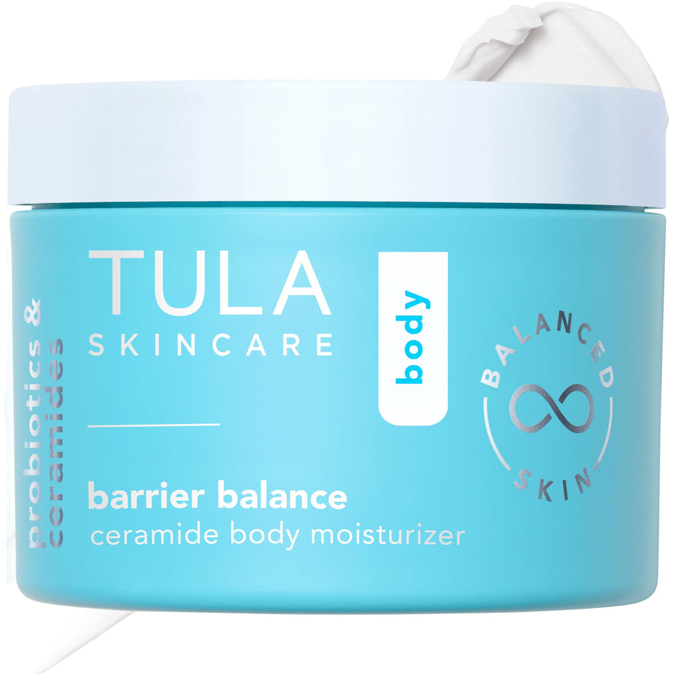 TULA front packaging of Barrier Balance moisturizer showing jar and branding benefits