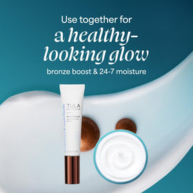 TULA ingredient display with green tea and hyaluronic acid highlights