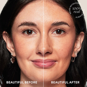 TULA lifestyle shot in bathroom routine showing hydrated bronzed skin