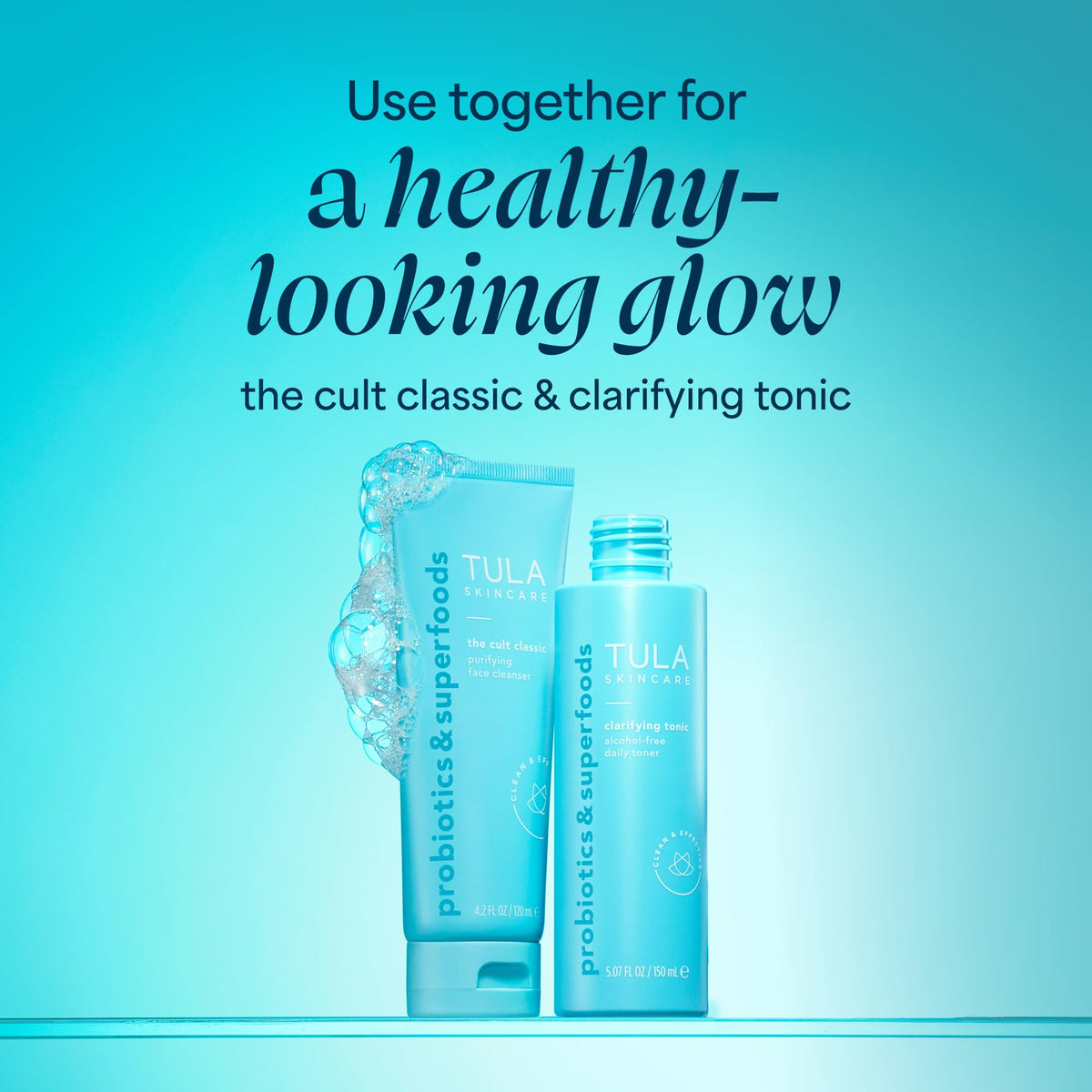 TULA clarifying tonic on bathroom shelf with skincare for daily routine setup